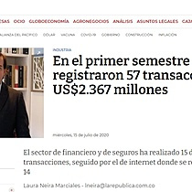 En el primer semestre de 2020 se registraron 57 transacciones por US$2.367 millones